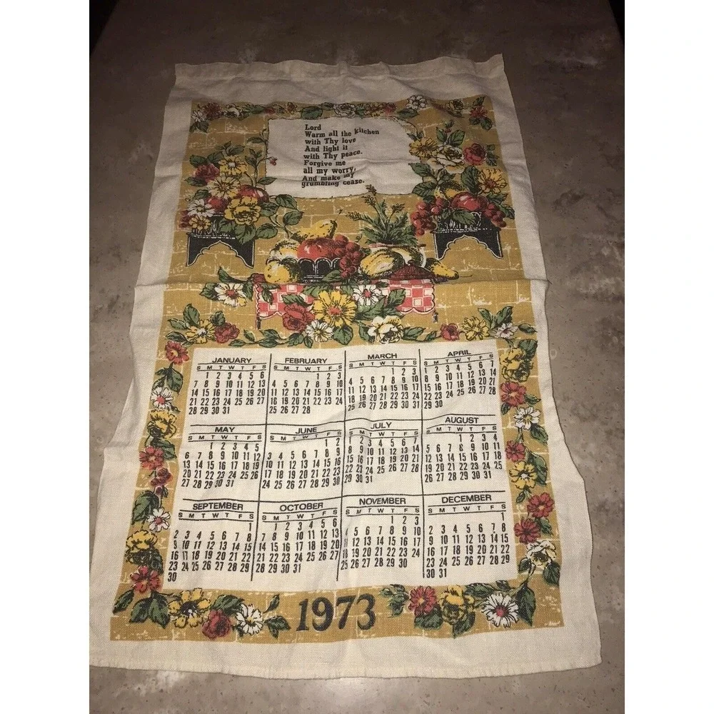 1973 Kitchen Calendar Tea Towel Floral Religious Wall Hanging Granny Core MCM